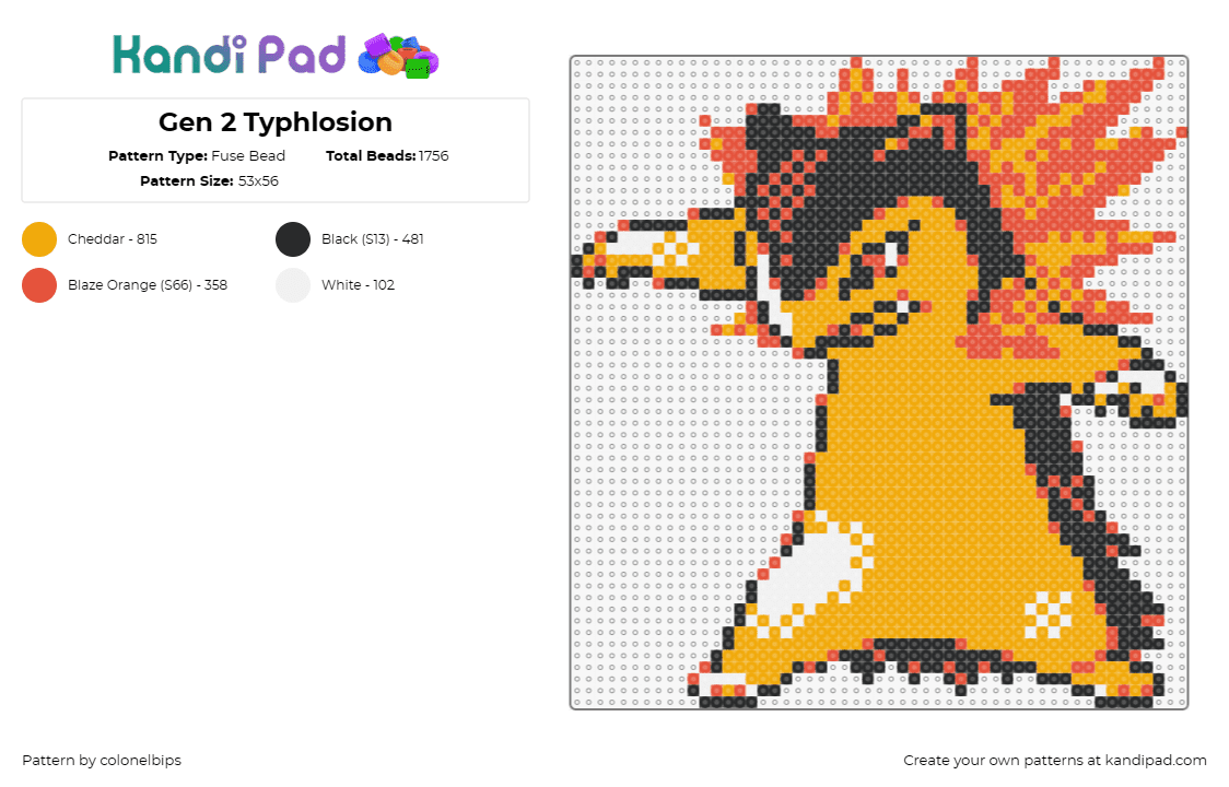 Gen 2 Typhlosion - Fuse Bead Pattern by colonelbips on Kandi Pad - typhlosion,pokemon,evolution,fiery,character,gaming,anime,orange