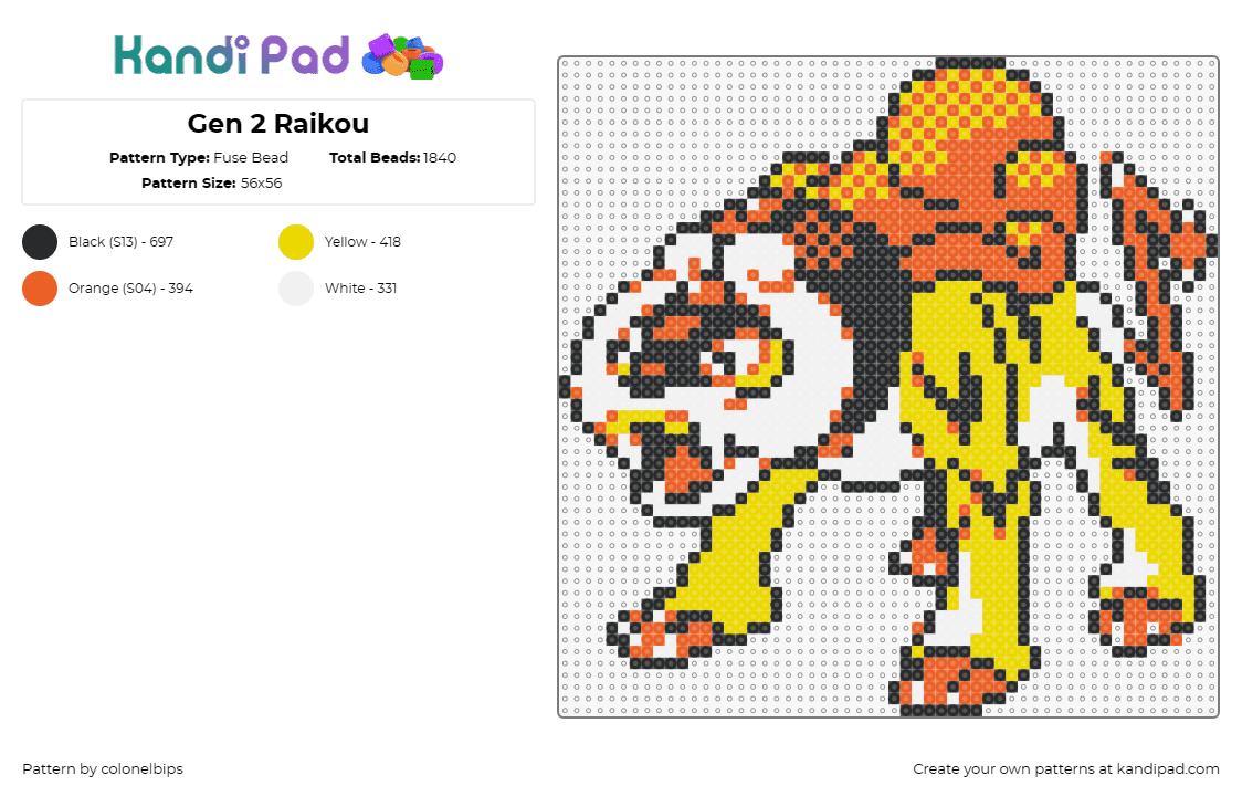 Gen 2 Raikou - Fuse Bead Pattern by colonelbips on Kandi Pad - raikou,pokemon,evolution,character,gaming,retro,yellow,orange