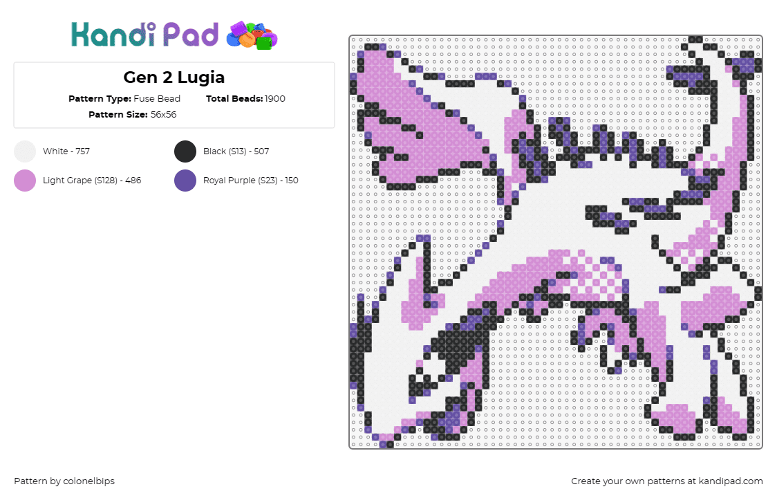 Gen 2 Lugia - Fuse Bead Pattern by colonelbips on Kandi Pad - lugia,pokemon,winged,gaming,character,anime,pink,white