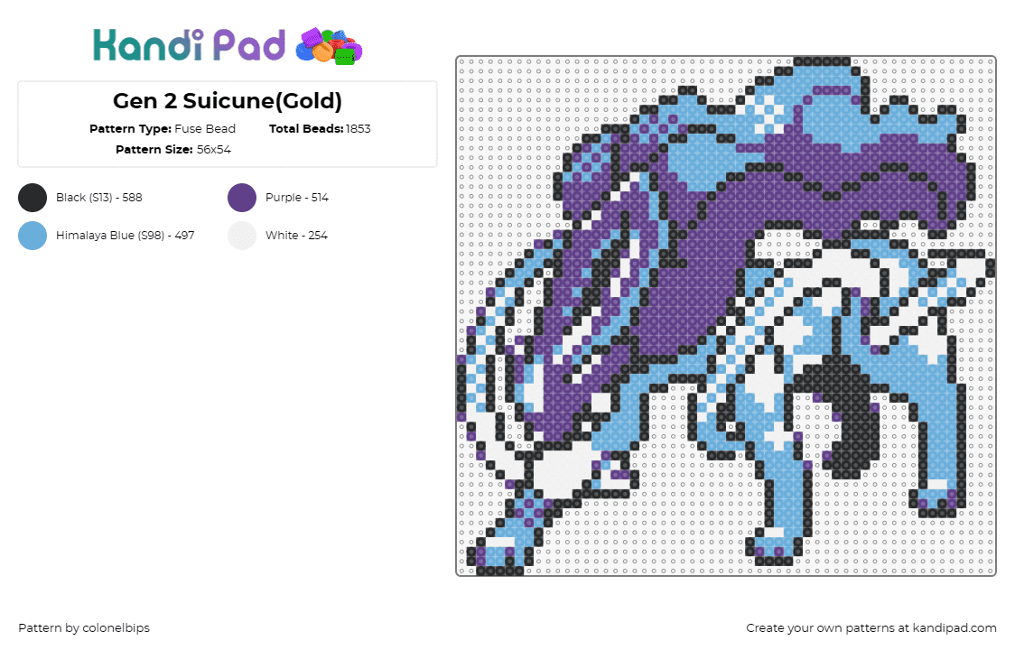 Gen 2 Suicune(Gold) - Fuse Bead Pattern by colonelbips on Kandi Pad - suicune,pokemon,character,gaming,anime,fantasy,blue,purple