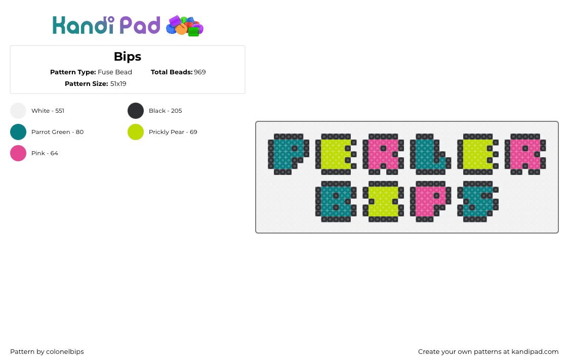 Bips - Fuse Bead Pattern by colonelbips on Kandi Pad - perler bips,sign,colorful,text,teal,pink,green