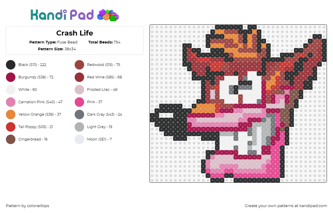 Crash Life - Fuse Bead Pattern by colonelbips on Kandi Pad - crash bandicoot,playstation,video game,character,classic,nostalgia,red,pink