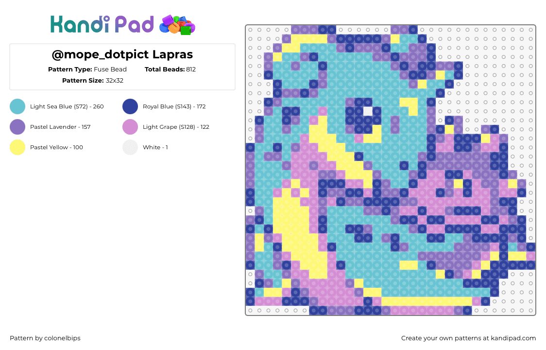 @mope_dotpict Lapras - Fuse Bead Pattern by colonelbips on Kandi Pad - lapras,pokemon,character,gaming,teal,purple,yellow