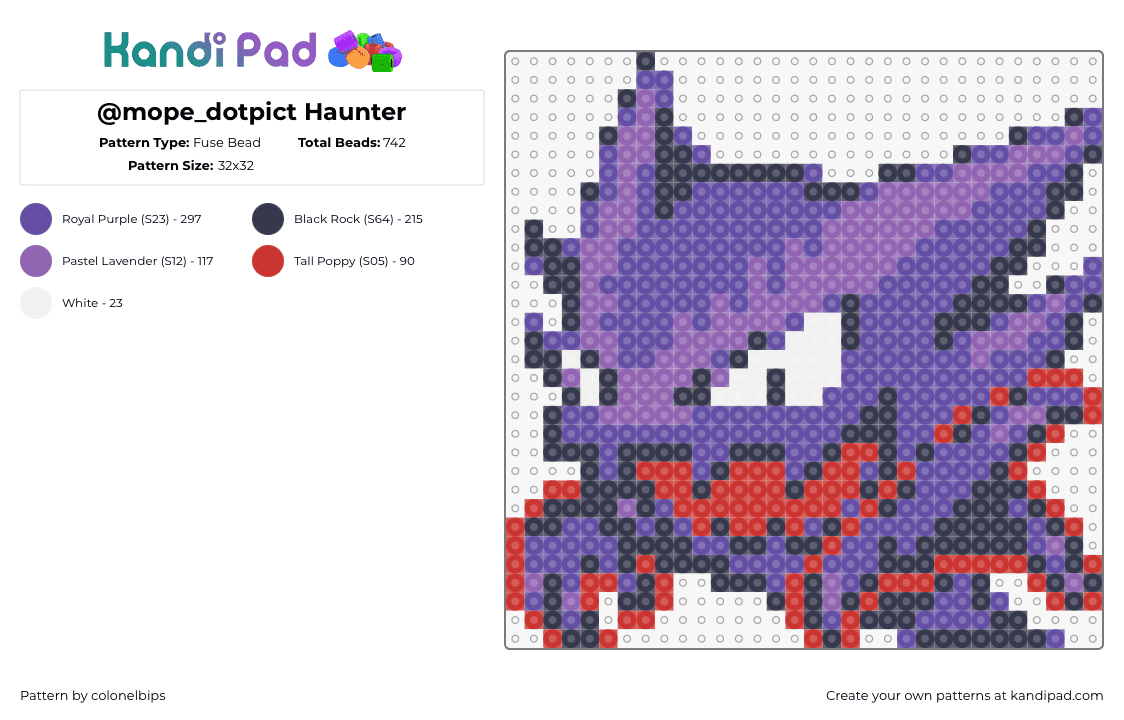 @mope_dotpict Haunter - Fuse Bead Pattern by colonelbips on Kandi Pad - haunter,pokemon,character,gaming,spooky,purple,red