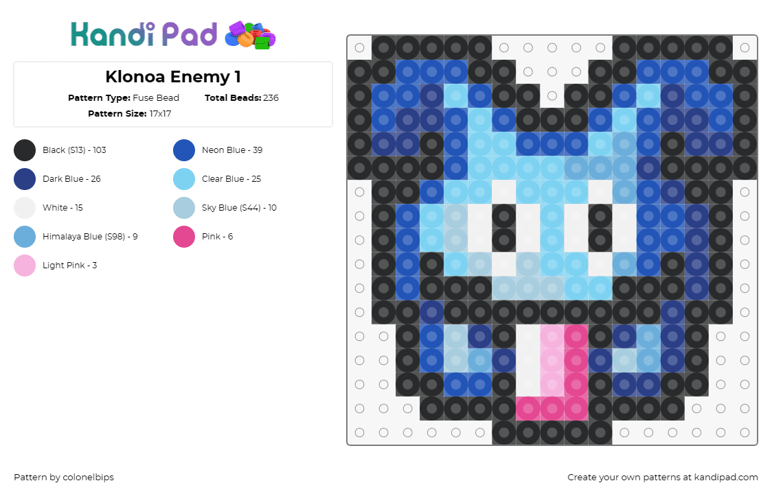 Klonoa Enemy 1 - Fuse Bead Pattern by colonelbips on Kandi Pad - klonoa,namco,character,tongue,video game,light blue,blue,pink