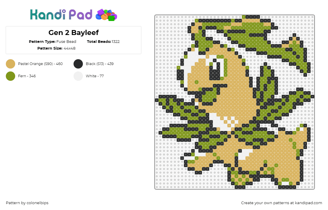 Gen 2 Bayleef - Fuse Bead Pattern by colonelbips on Kandi Pad - bayleef,chikorita,pokemon,evolution,character,gaming,green,tan