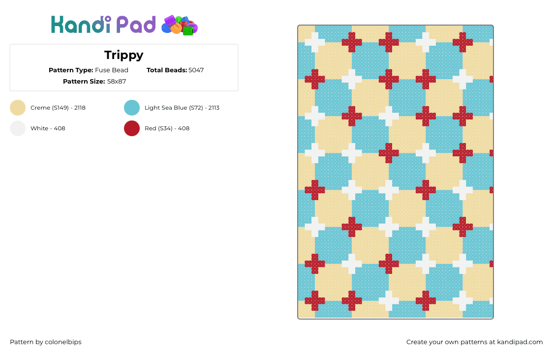 Trippy - Fuse Bead Pattern by colonelbips on Kandi Pad - checkered,grid,plus,geometric,red,light blue,beige,teal