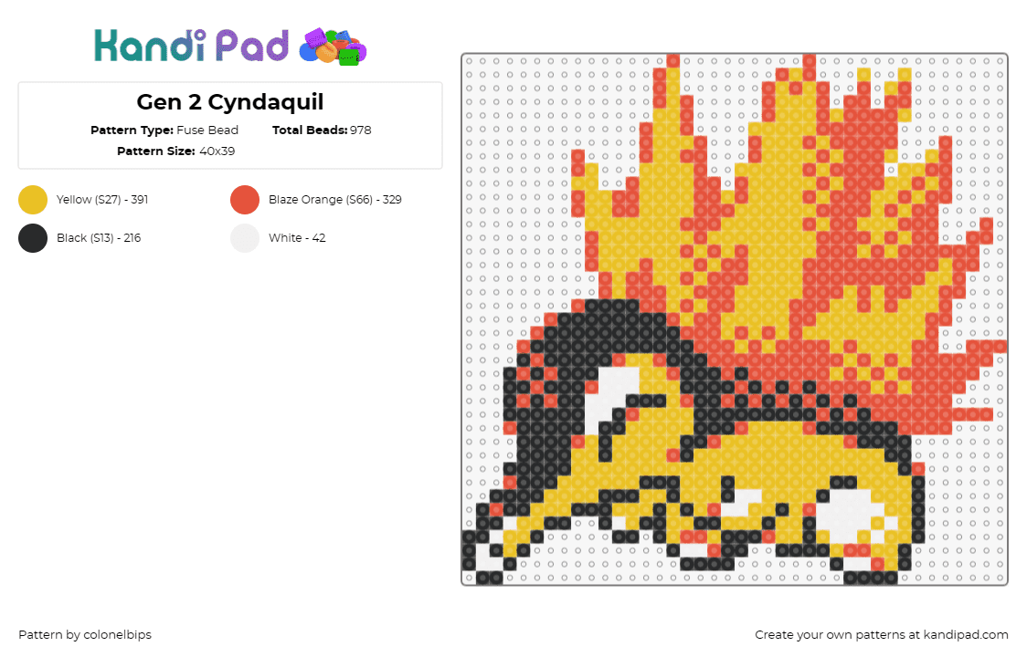 Gen 2 Cyndaquil - Fuse Bead Pattern by colonelbips on Kandi Pad - cyndaquil,pokemon,fiery,character,anime,gaming,orange