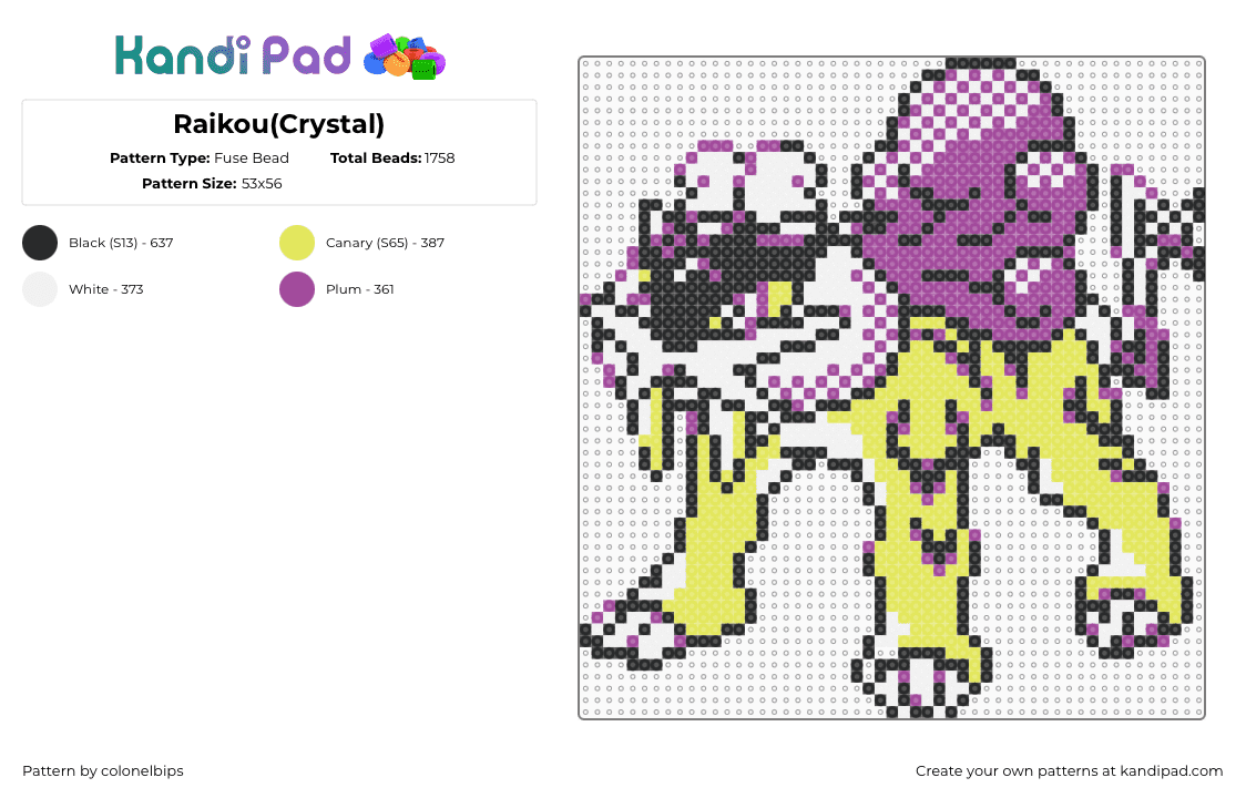 Raikou(Crystal) - Fuse Bead Pattern by colonelbips on Kandi Pad - raikou,pokemong,gaming,character,yellow,purple