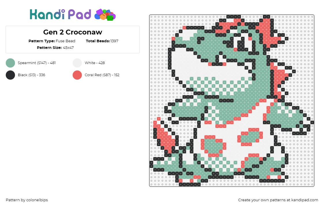 Gen 2 Croconaw - Fuse Bead Pattern by colonelbips on Kandi Pad - croconaw,pokemon,totodile,character,prehistoric,gaming,green,white,orange