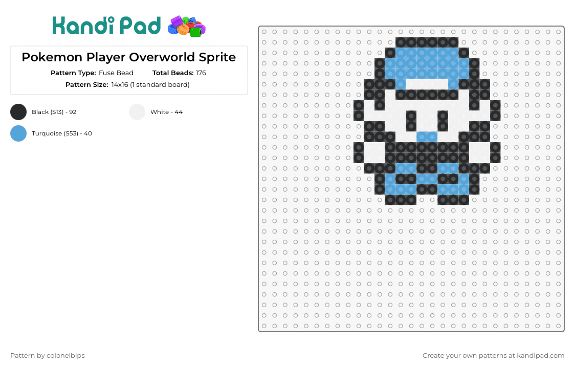 Pokemon Player Overworld Sprite - Fuse Bead Pattern by colonelbips on Kandi Pad - player,character,pokemon,gaming,sprite,light blue,white