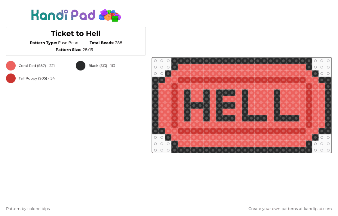 Ticket to Hell - Fuse Bead Pattern by colonelbips on Kandi Pad - black,red