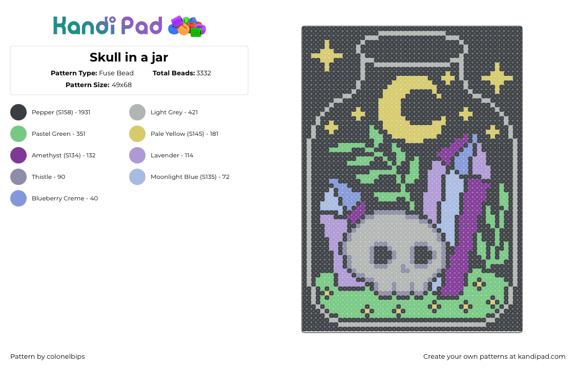 Skull in a jar - Fuse Bead Pattern by colonelbips on Kandi Pad - black, dark, gems, gray, green, jar, moon, night, panel, purple, skull, yellow