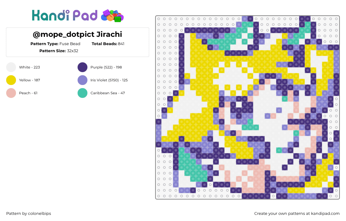 @mope_dotpict Jirachi - Fuse Bead Pattern by colonelbips on Kandi Pad - jirachi,pokemon,character,cute,gaming,yellow,teal,pink,white