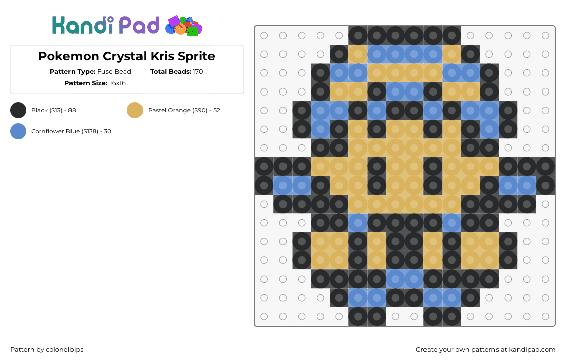 Pokemon Crystal Kris Sprite - Fuse Bead Pattern by colonelbips on Kandi Pad - kris,crystal,pokemon,character,trainer,gaming,tan,blue