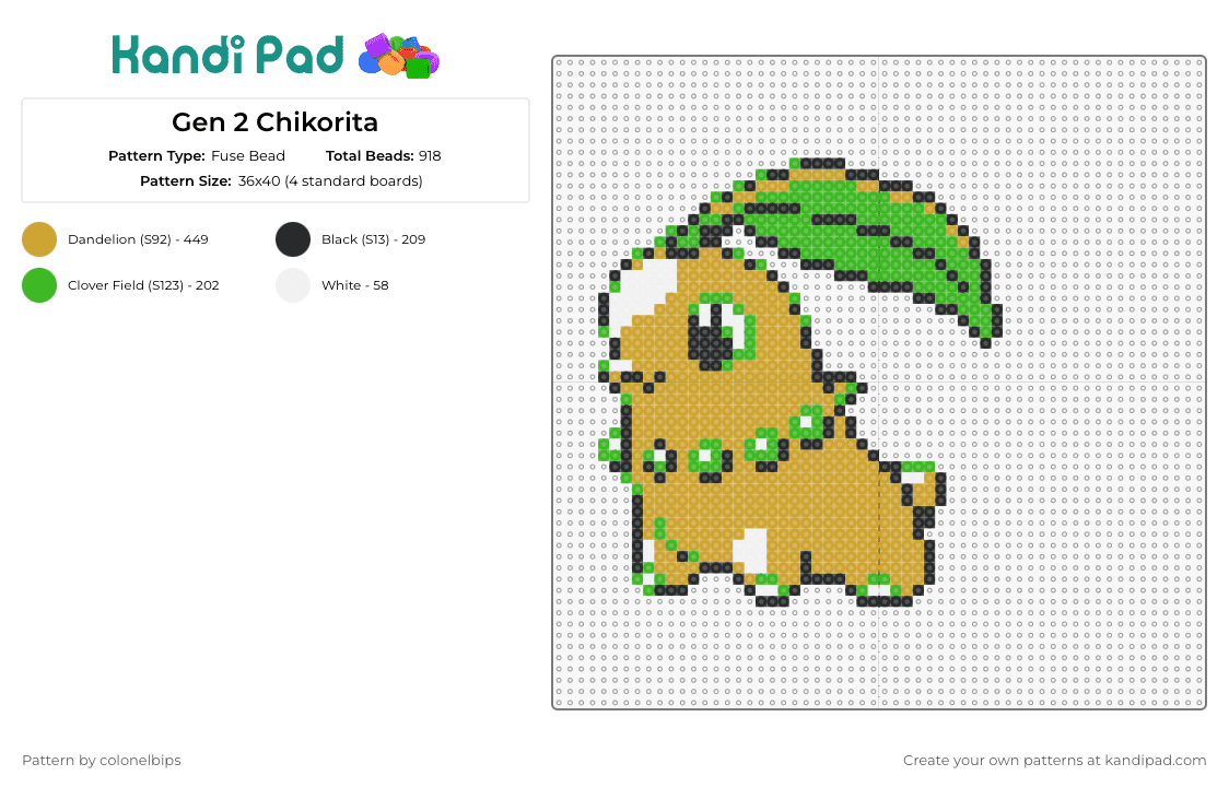 Gen 2 Chikorita - Fuse Bead Pattern by colonelbips on Kandi Pad - chikorita,pokemon,leaf,character,anime,gaming,tv show,green,tan