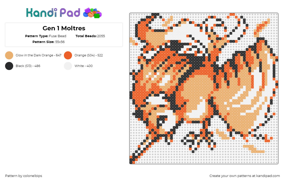 Gen 1 Moltres - Fuse Bead Pattern by colonelbips on Kandi Pad - moltres,pokemon,bird,character,gaming,evolution,orange