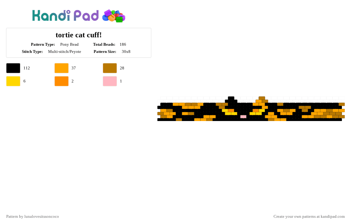 tortie cat cuff! - Pony Bead Pattern by lunalovesitssoncoco on Kandi Pad - black,orange,gold