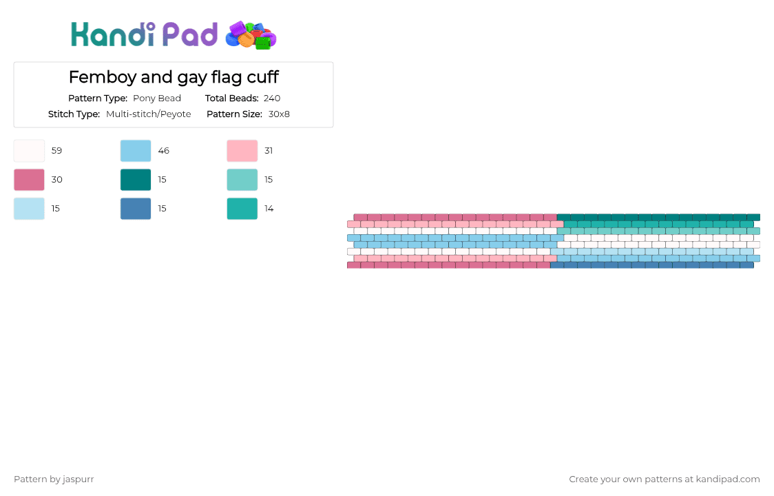 Femboy and gay flag cuff - Pony Bead Pattern by jaspurr on Kandi Pad - pink,light blue
