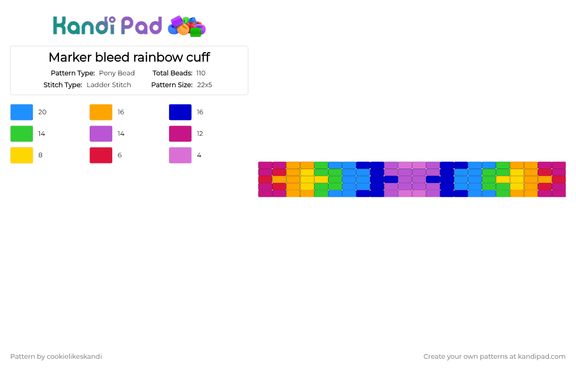 Marker bleed rainbow cuff - Pony Bead Pattern by cookielikeskandi on Kandi Pad - pink,orange,light blue,purple