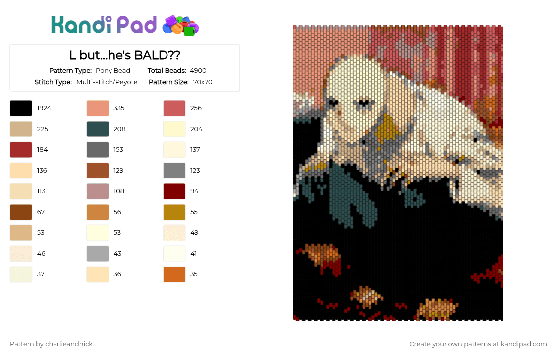 L but...he\'s BALD?? - Pony Bead Pattern by izukkuuu on Kandi Pad - deathnote,anime