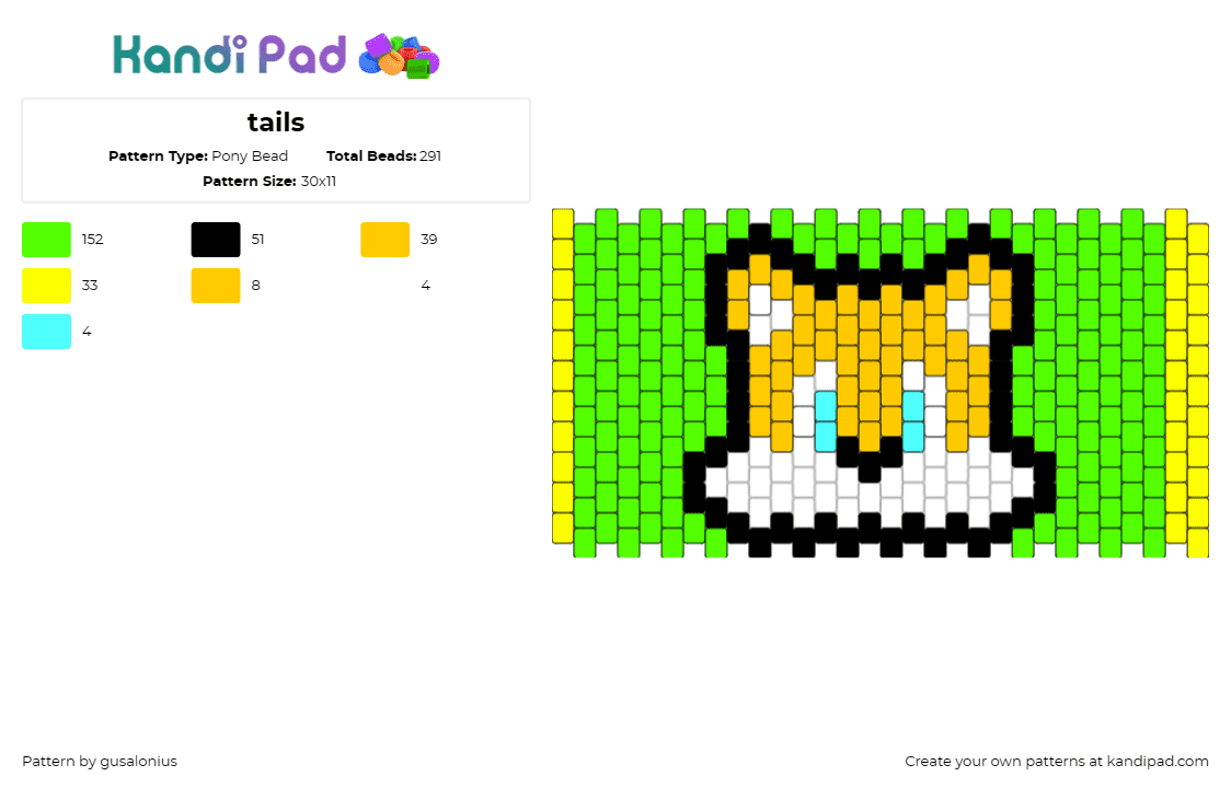 tails - Pony Bead Pattern by gusalonius on Kandi Pad - tails,sonic the hedgehog,character,cuff,video game,fox,yellow,green,white