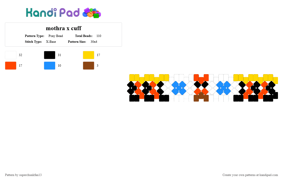 mothra x cuff - Pony Bead Pattern by superchunkfan13 on Kandi Pad - godzilla, kaiju, red, toho, yellow