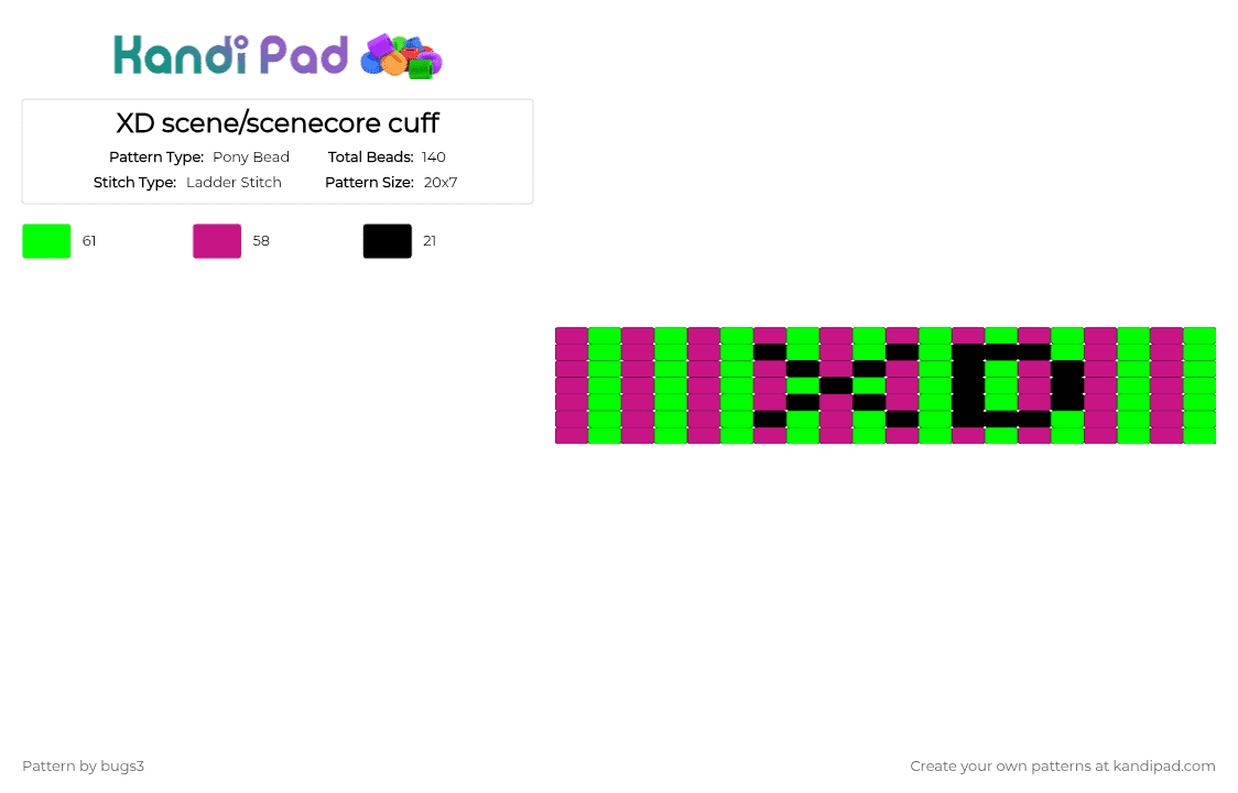 XD scene/scenecore cuff - Pony Bead Pattern by bugs3 on Kandi Pad - pink,green