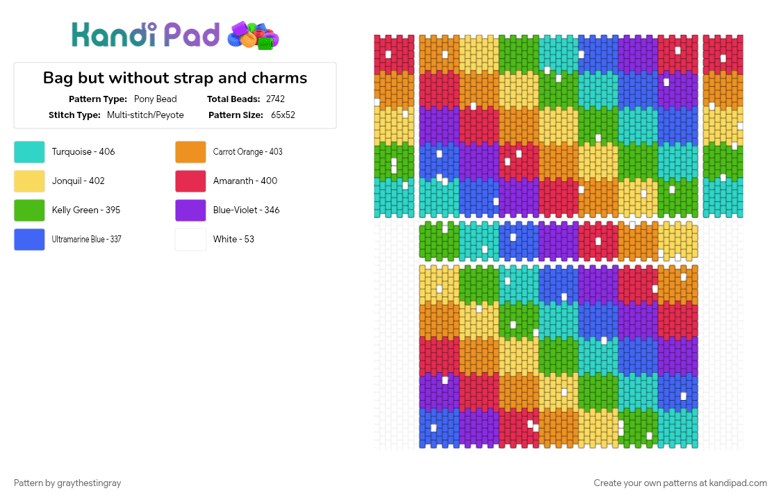 Bag but without strap and charms - Pony Bead Pattern by graythestingray on Kandi Pad - colorful, red, teal, yellow