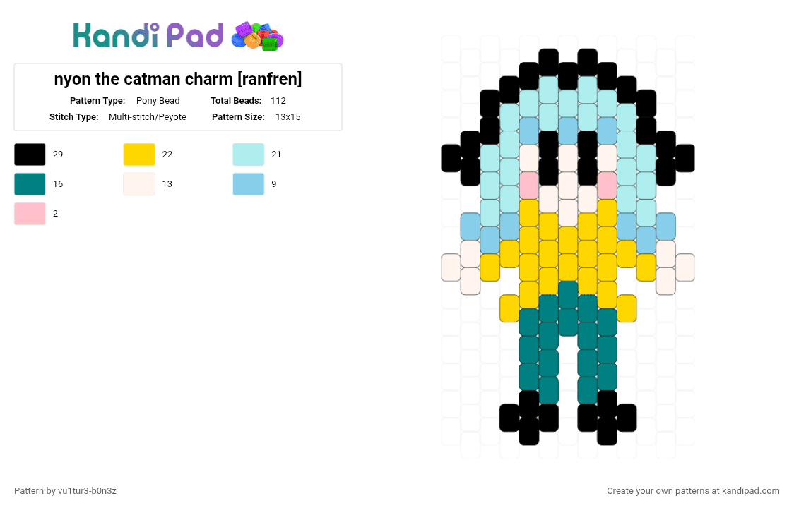 nyon the catman charm [ranfren] - Pony Bead Pattern by vu1tur3-b0n3z on Kandi Pad - light blue, yellow