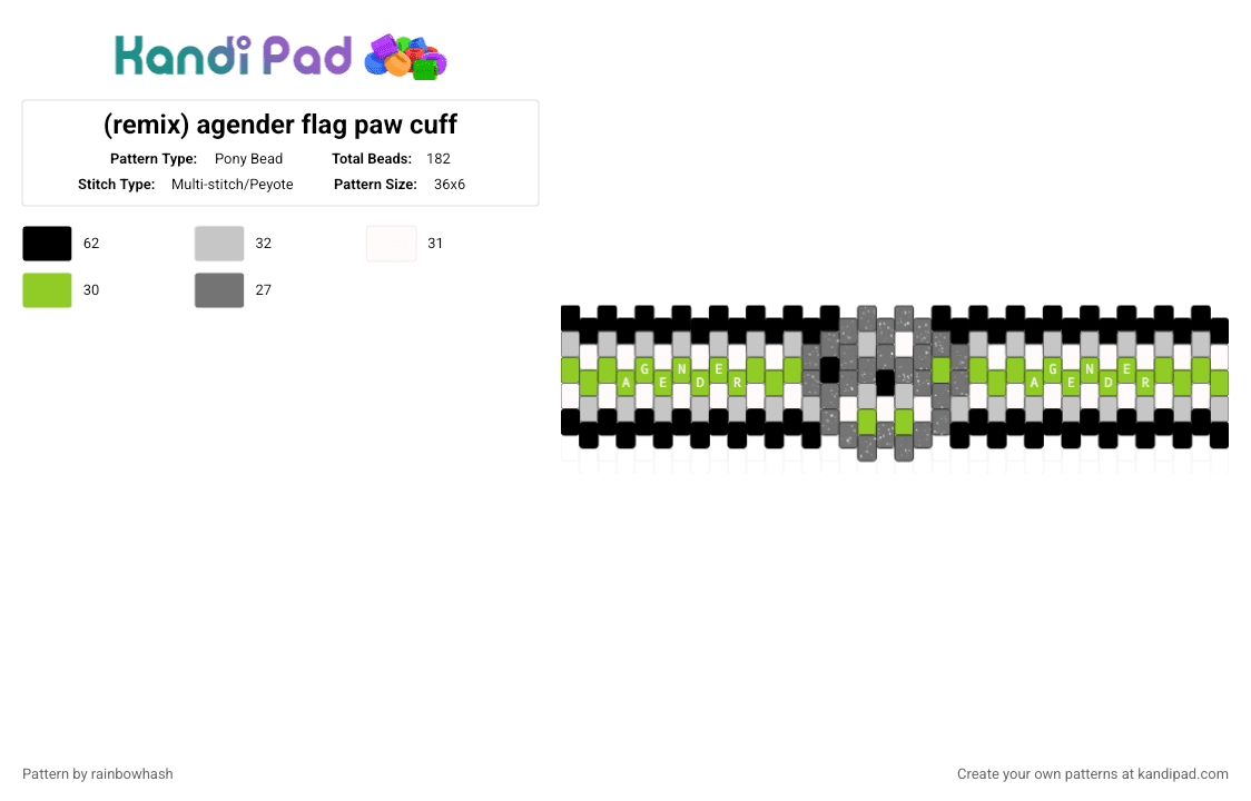 agender flag paw cuff - Pony Bead Pattern by mangle on Kandi Pad - beige, green, lgbt, lgbtq, lgbtqia, pride, trans gender, transgender