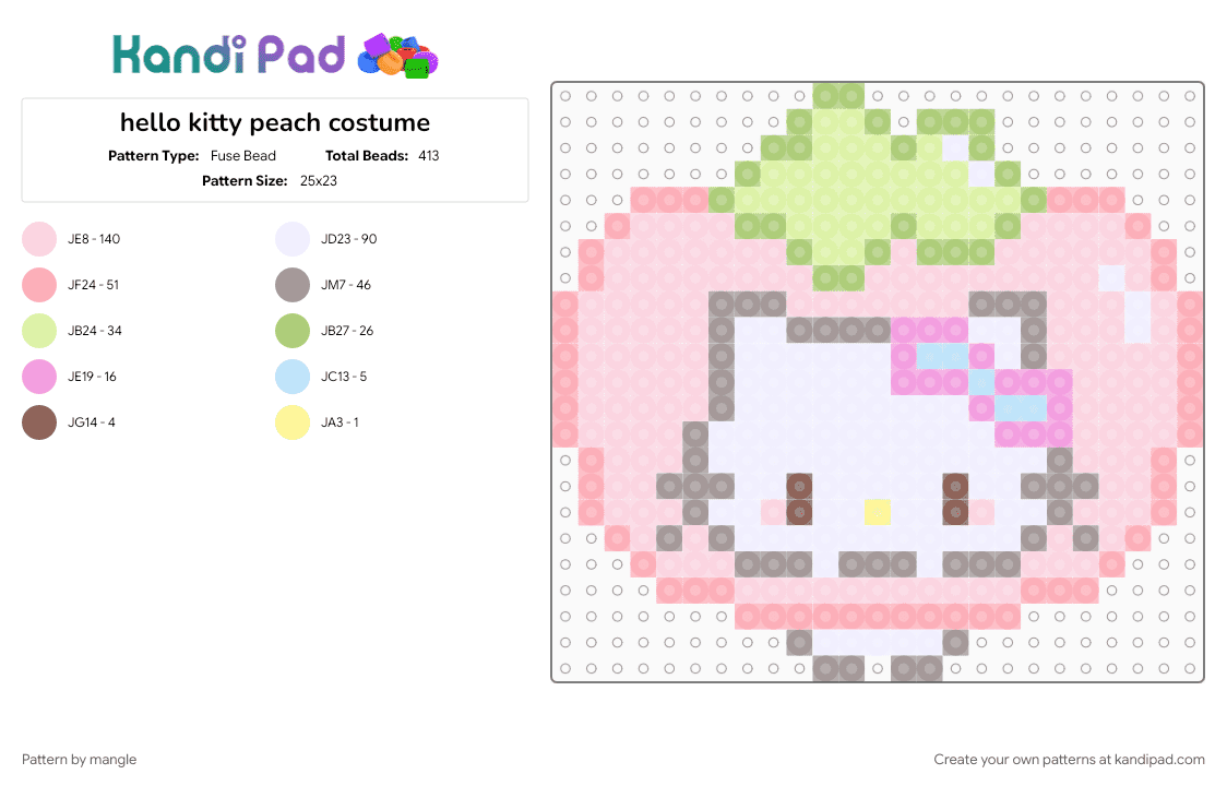 hello kitty peach costume - Fuse Bead Pattern by mangle on Kandi Pad - animal, animals, cute kawaii, food, fruit, gray, kitten, kitty cat, pink, sanrio, white, yellow