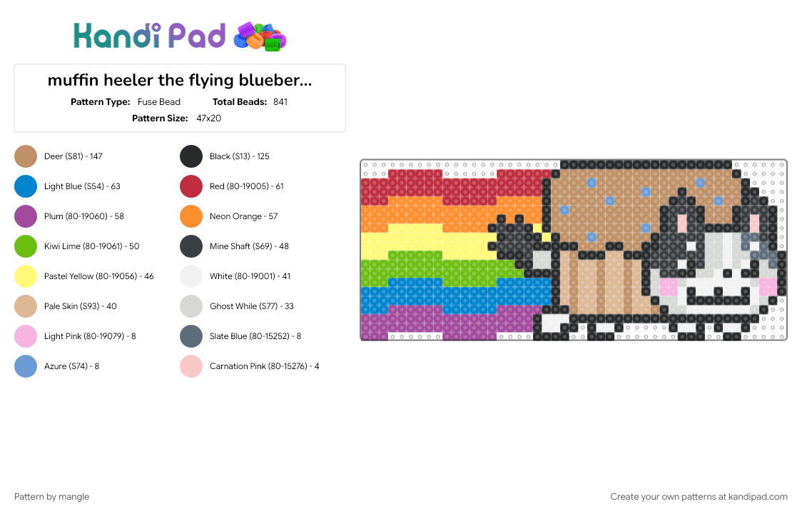 muffin heeler the flying blueberry muffin puppy :o33 - Fuse Bead Pattern by mangle on Kandi Pad - animals, blue, cartoon puppy dog, character animal, colorful, cute kawaii bluey, nyan cat, orange, tan