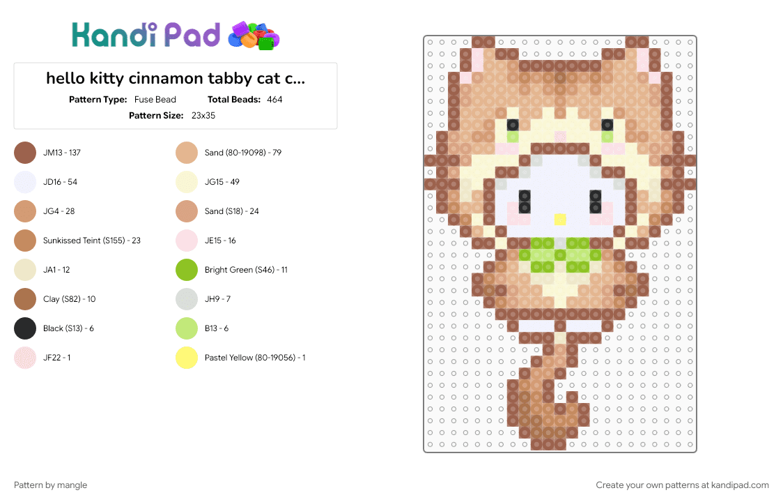 hello kitty cinnamon tabby cat costume - Fuse Bead Pattern by mangle on Kandi Pad - beige, cute kawaii, keychain, kitten cat, pet, sanrio, tan