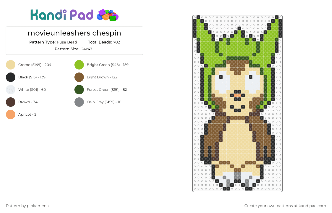 movieunleashers chespin - Fuse Bead Pattern by rainbowhash on Kandi Pad - animal, animals, beige, cartoon, furry, green, pokmon, starters, tan