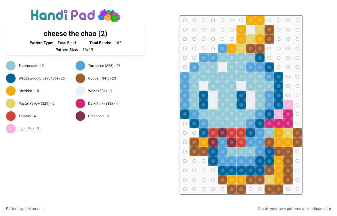 cheese the chao (2) - Fuse Bead Pattern by pinkamena on Kandi Pad - tan,light blue,blue,cute,kawaii,sonic the hedgehog,simple,charm,keychain,video game,small