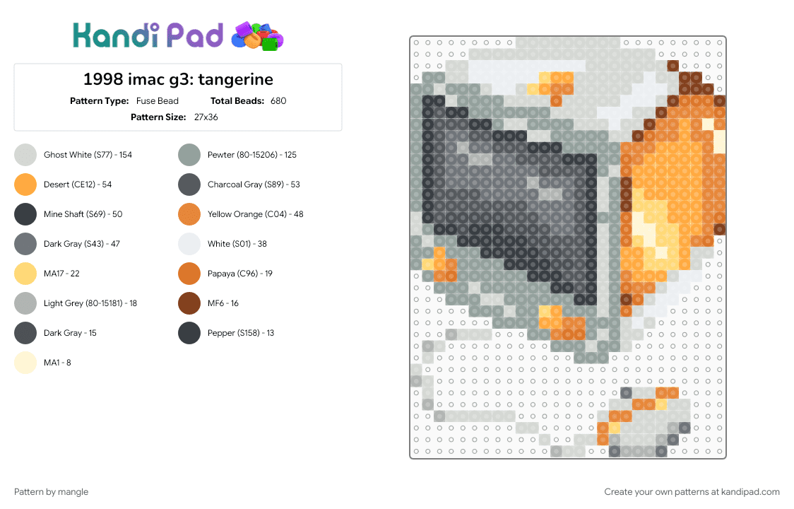 1999 imac g3: tangerine - Fuse Bead Pattern by mangle on Kandi Pad - 2000s y2k, 90s, computer, frutiger aero, gray, old tech, orange, retro technology