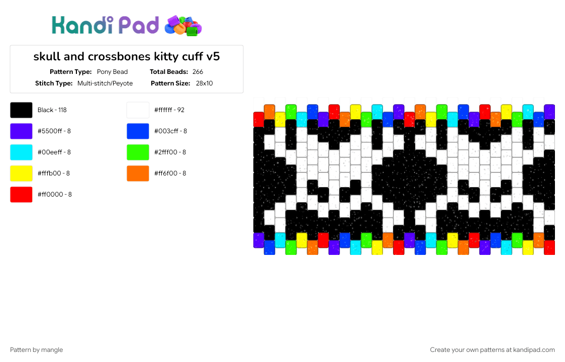 skull and crossbones kitty cuff v6 - Pony Bead Pattern by mangle on Kandi Pad - animals, black, blue, bone halloween, colorful, green, kitty cat, monster bones, orange, rainbow colorful, scary animal, scene emo horror, scenemo accessory, white
