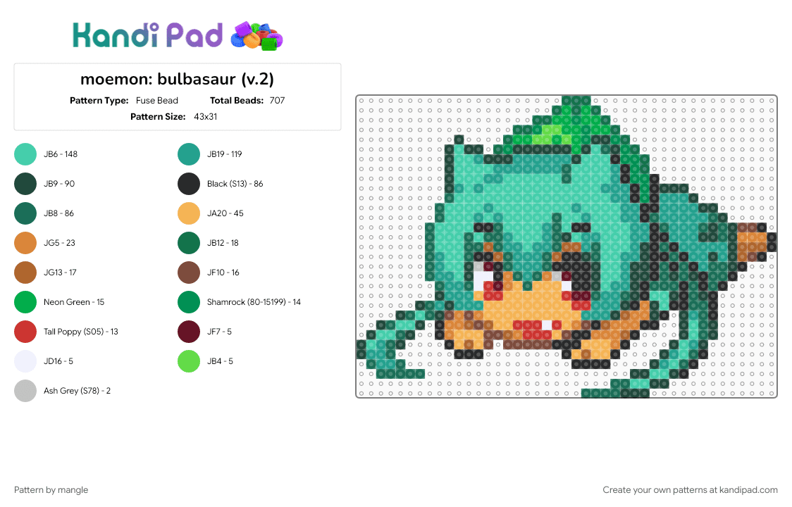 moemon: bulbasaur (v2) - Fuse Bead Pattern by mangle on Kandi Pad - 2000s, anime, cute kawaii, eeveelution, nintendo, orange, pokemon, teal, video game, y2k
