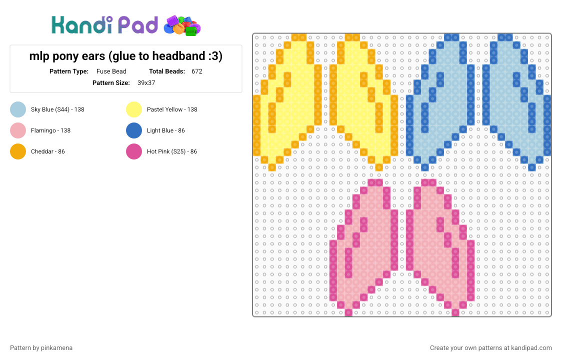 mlp pony ears (glue to headband :3) - Fuse Bead Pattern by pinkamena on Kandi Pad - light blue,yellow,beige,mlp,my little pony,accessory,accessories,pinkie pie,fluttershy,rainbow dash,flutter shy