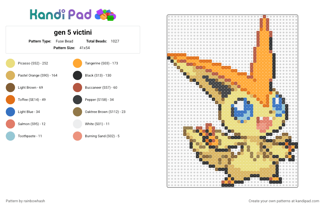 gen 5 victini - Fuse Bead Pattern by mangle on Kandi Pad - animal, cute, kawaii, nintendo, orange, pokmon, video game, yellow