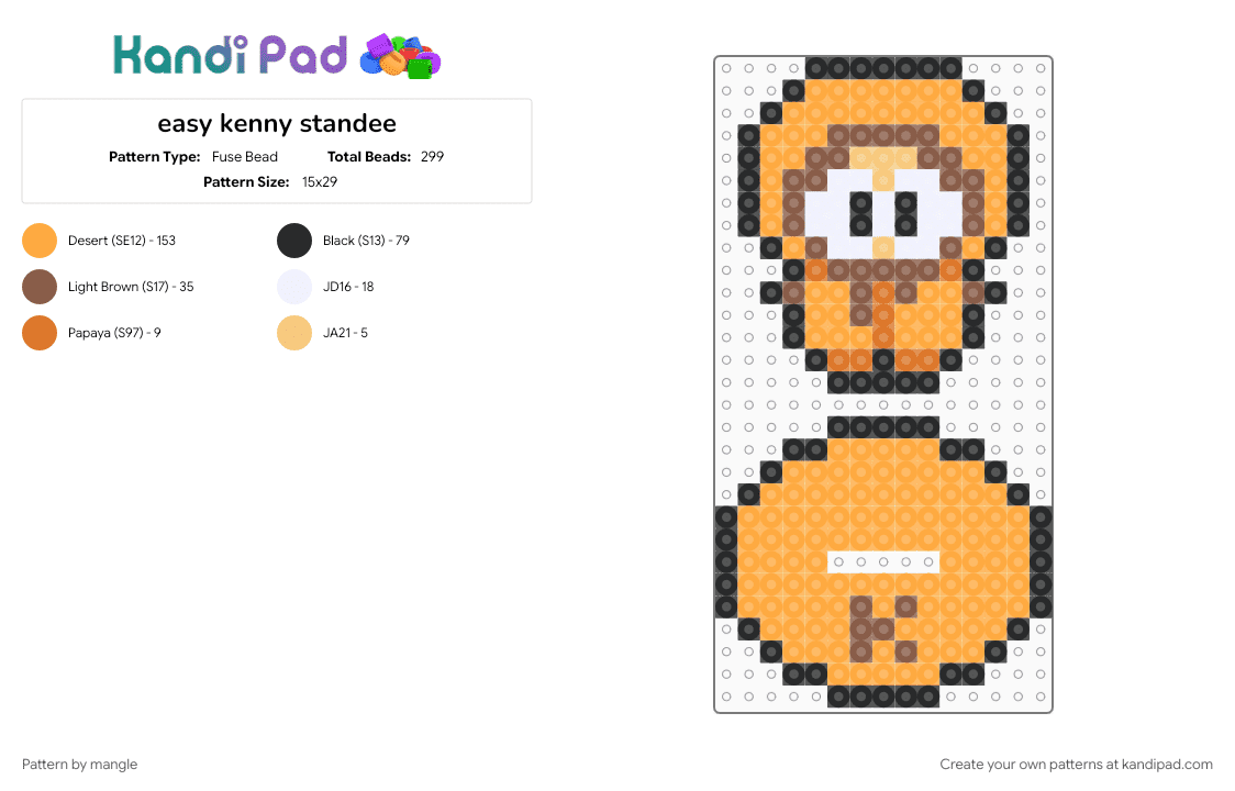 easy kenny standee - Fuse Bead Pattern by mangle on Kandi Pad - animation animated, beginner, cartoon, kenny mccormick, orange, south park, tv show