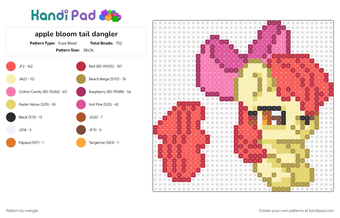 apple bloom tail dangler - Fuse Bead Pattern by mangle on Kandi Pad - 2010s, animal animals, cute kawaii, dangle, horse cartoon, keychain, mlp, my little pony, pink, red, yellow