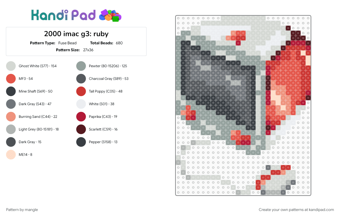 2000 imac g3: ruby - Fuse Bead Pattern by mangle on Kandi Pad - 2000s y2k, 90s, computer, frutiger aero, gray, old tech, red, retro technology