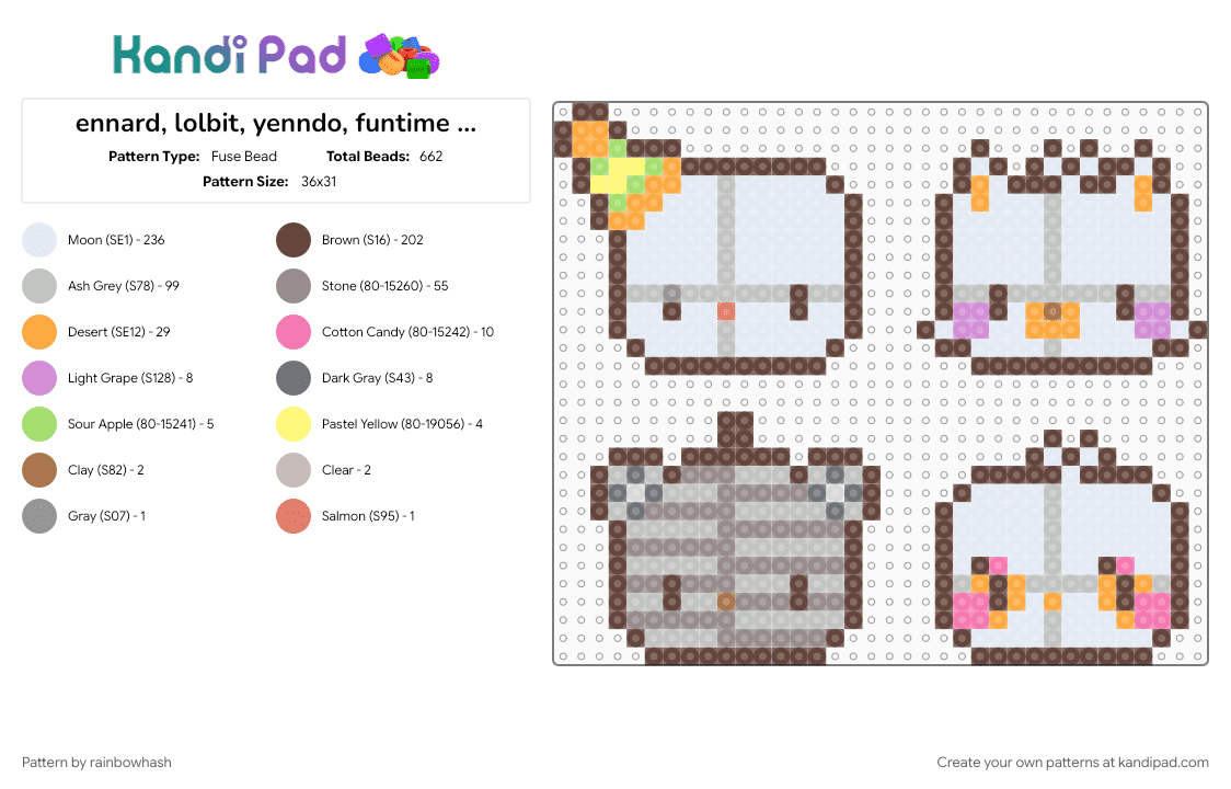 ennard, lolbit, yenndo, funtime chica - Fuse Bead Pattern by rainbowhash on Kandi Pad - beige, brown, charm, charms, cute, five nights at freddys, fnaf, gray, kawaii, sister location, video game