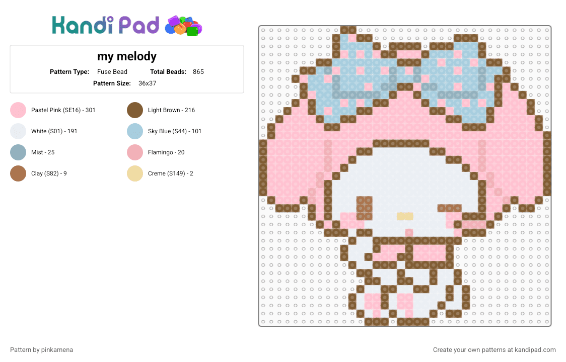 my melody - Fuse Bead Pattern by pinkamena on Kandi Pad - tan,pink,sanrio,hello kitty,cute,kawaii,bunny rabbit,animal