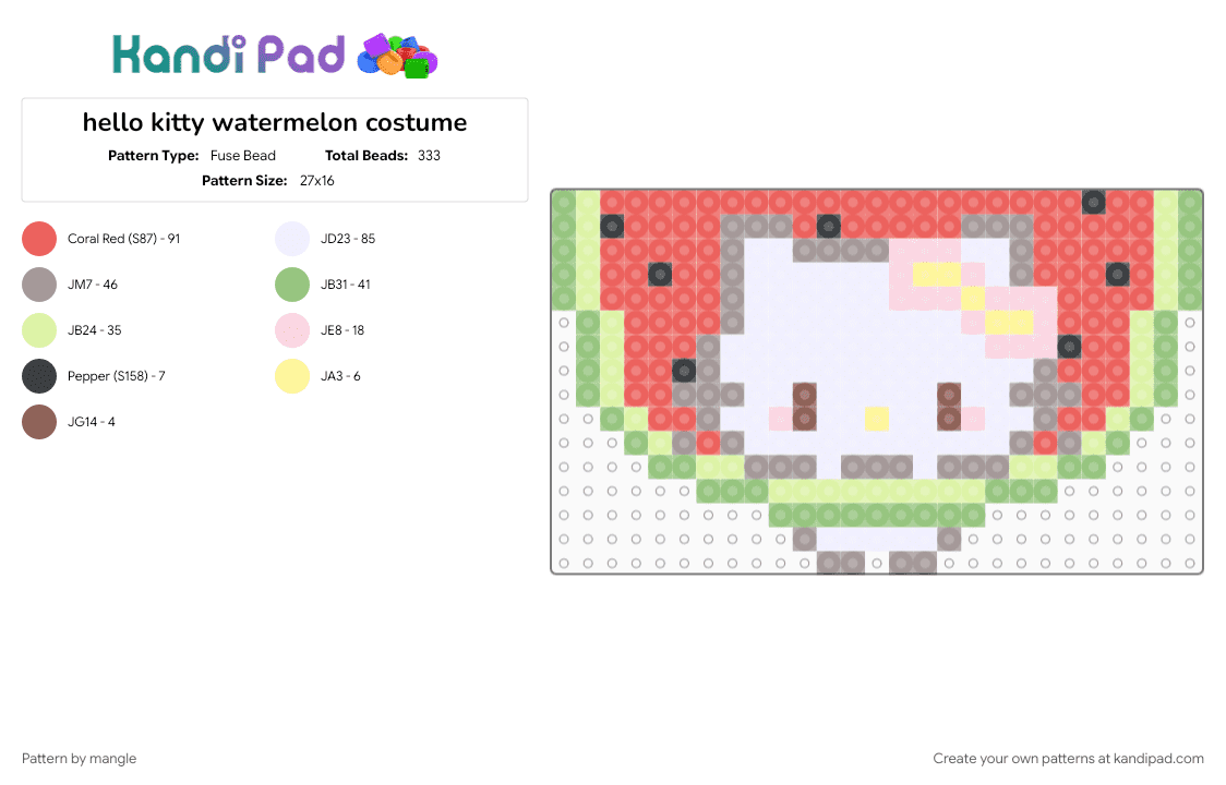 hello kitty watermelon costume - Fuse Bead Pattern by mangle on Kandi Pad - animal, animals, cute kawaii, food, fruit, gray, kitten, kitty cat, red, sanrio