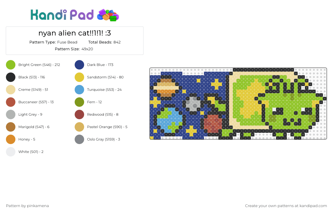 nyan alien cat!!1!1! :3 - Fuse Bead Pattern by pinkamena on Kandi Pad - blue,yellow,beige,green,gnarpy,kitten,space,cosmic,cute,nyan cat,kitty,glorp