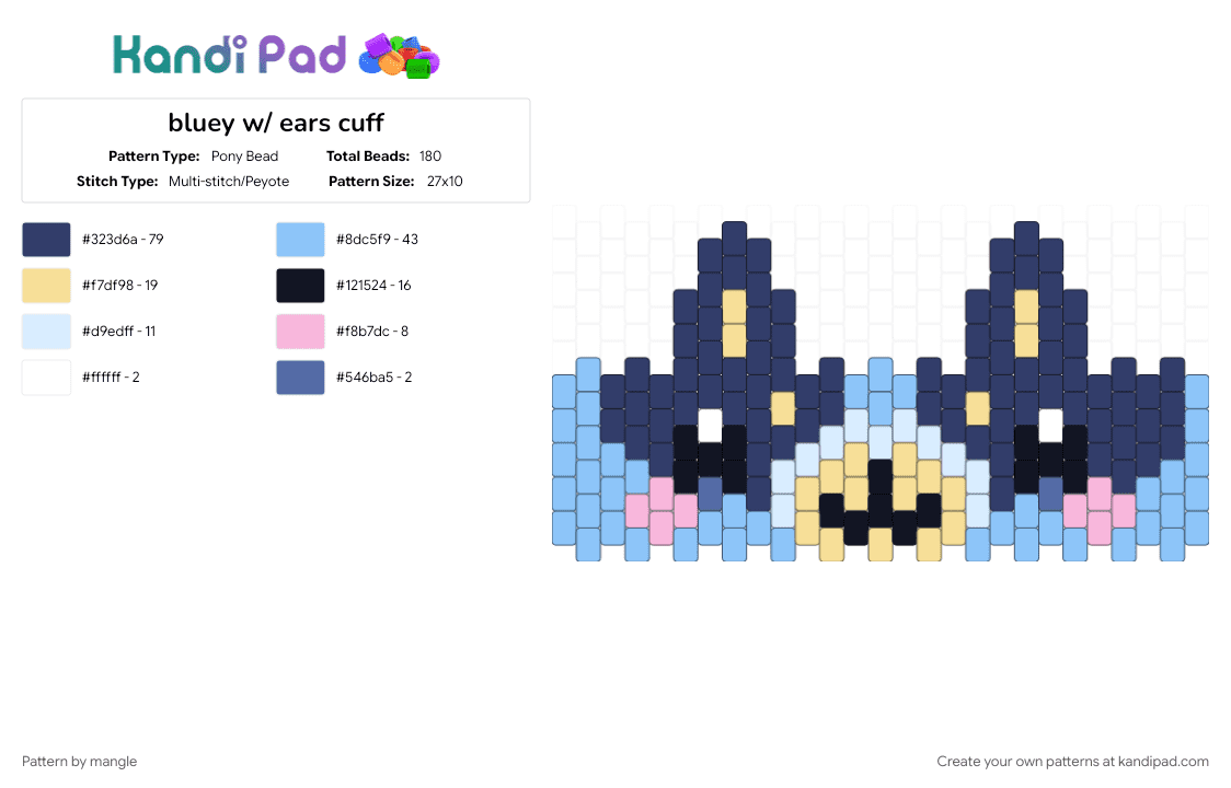 bluey w/ ears cuff - Pony Bead Pattern by mangle on Kandi Pad - animal animals, animated, animation, bluey, cartoon character, cute kawaii, light blue, puppy dog, purple, tv show