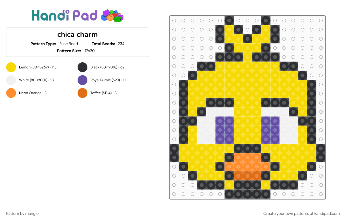 chica charm - Fuse Bead Pattern by mangle on Kandi Pad - charms, cute kawaii, five nights at freddys, fnaf, furry, keychain, video game, yellow
